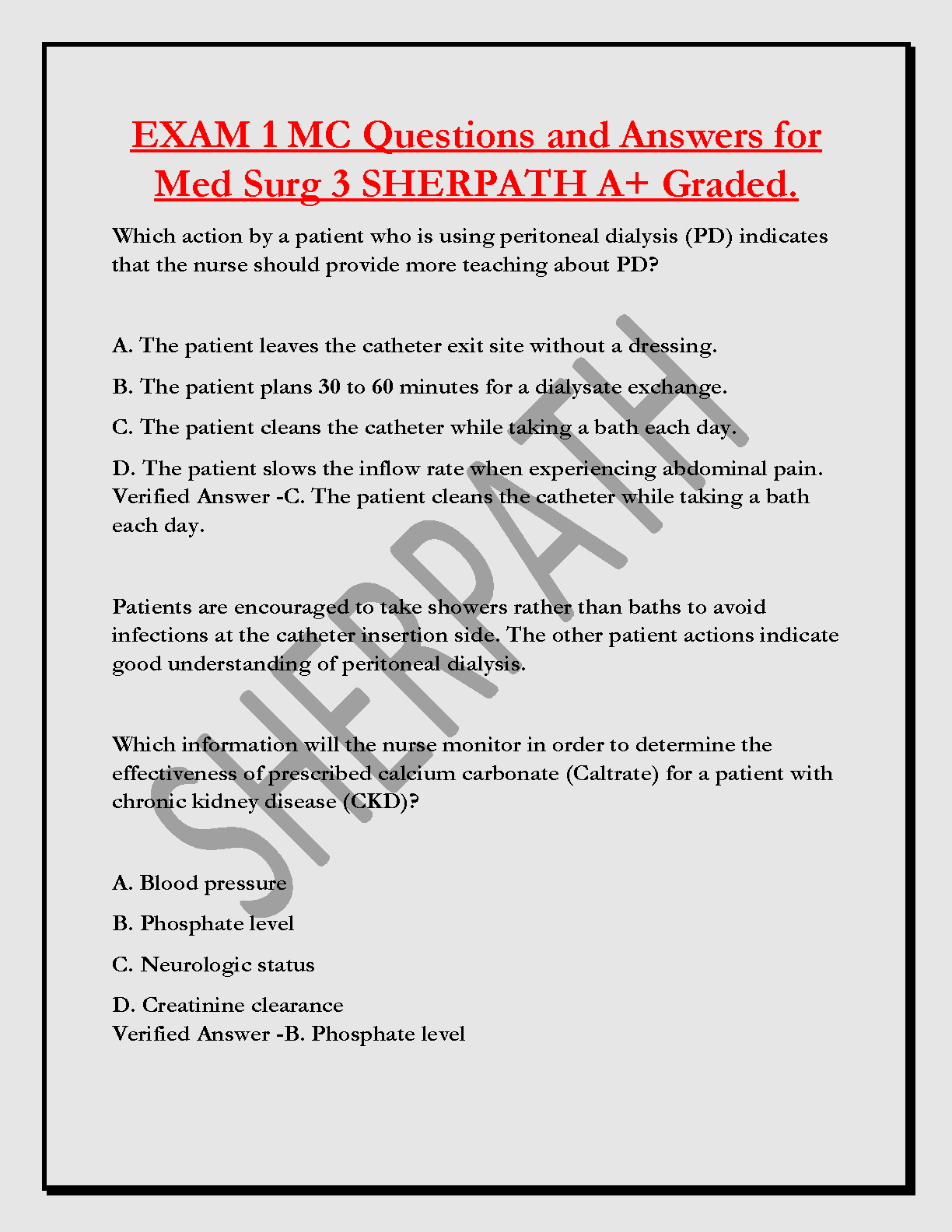 Exam 1 MC Questions and Answers for Med Surg 3 by Sherpath A+ Graded