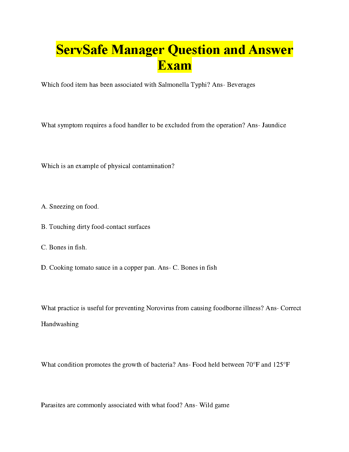 ServSafe Manager Exam Questions and Answers Latest Edition for 20242025