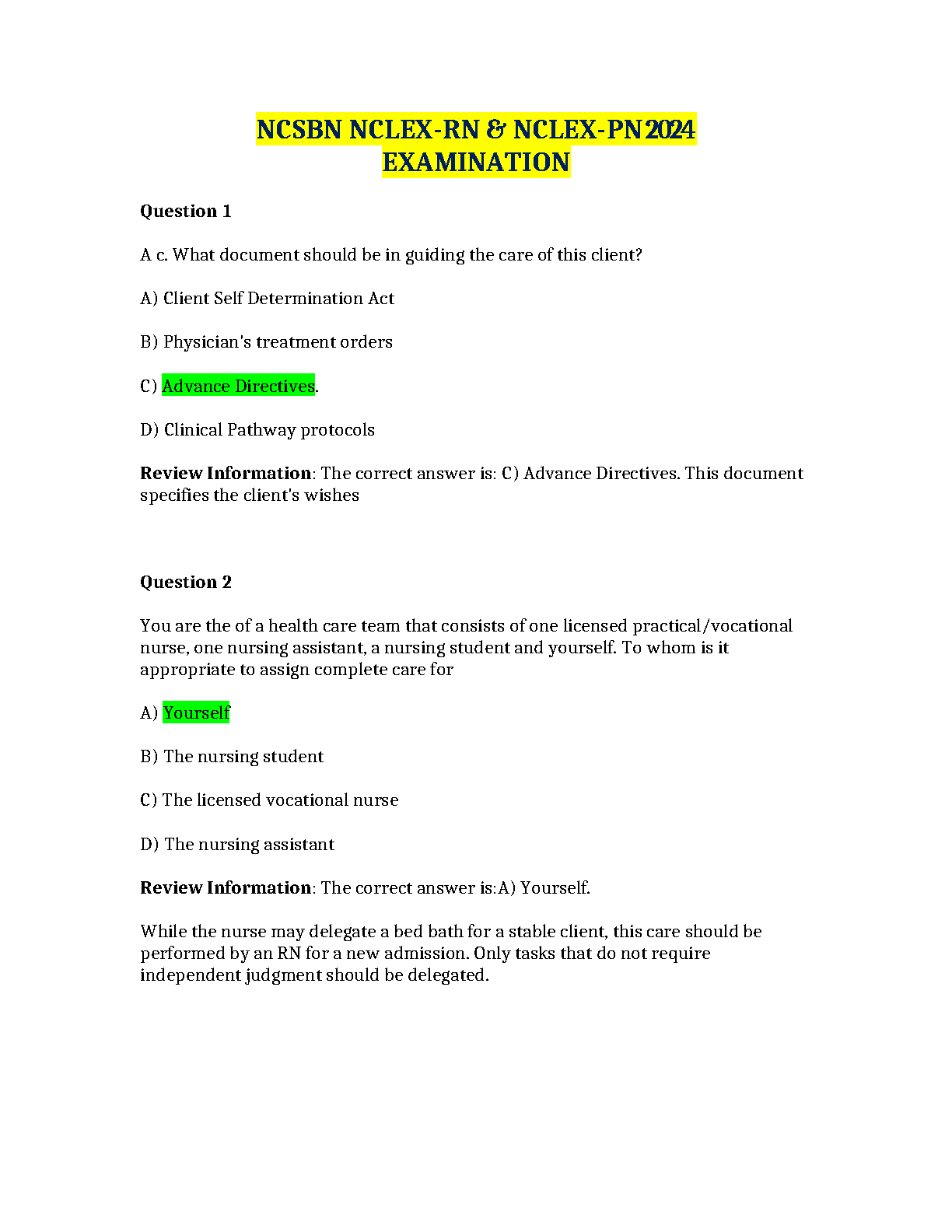 NCSBN NCLEXRN & NCLEXPN 2024 Examination Practice Questions and Answers