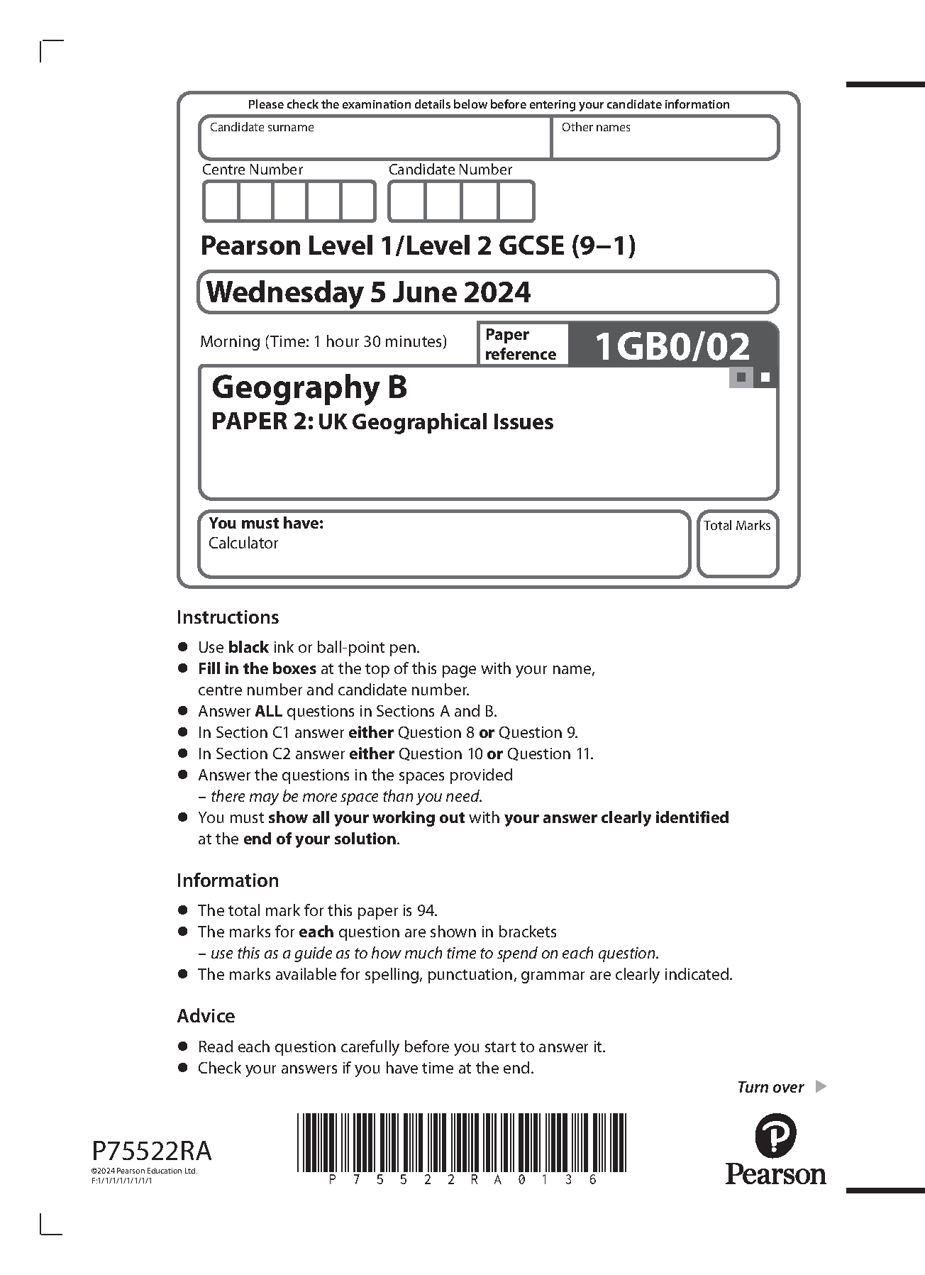 2024 PEARSON EDEXCEL GCSE GEOGRAPHY B QUESTION PAPER 2 (1GB0/02: UK ...