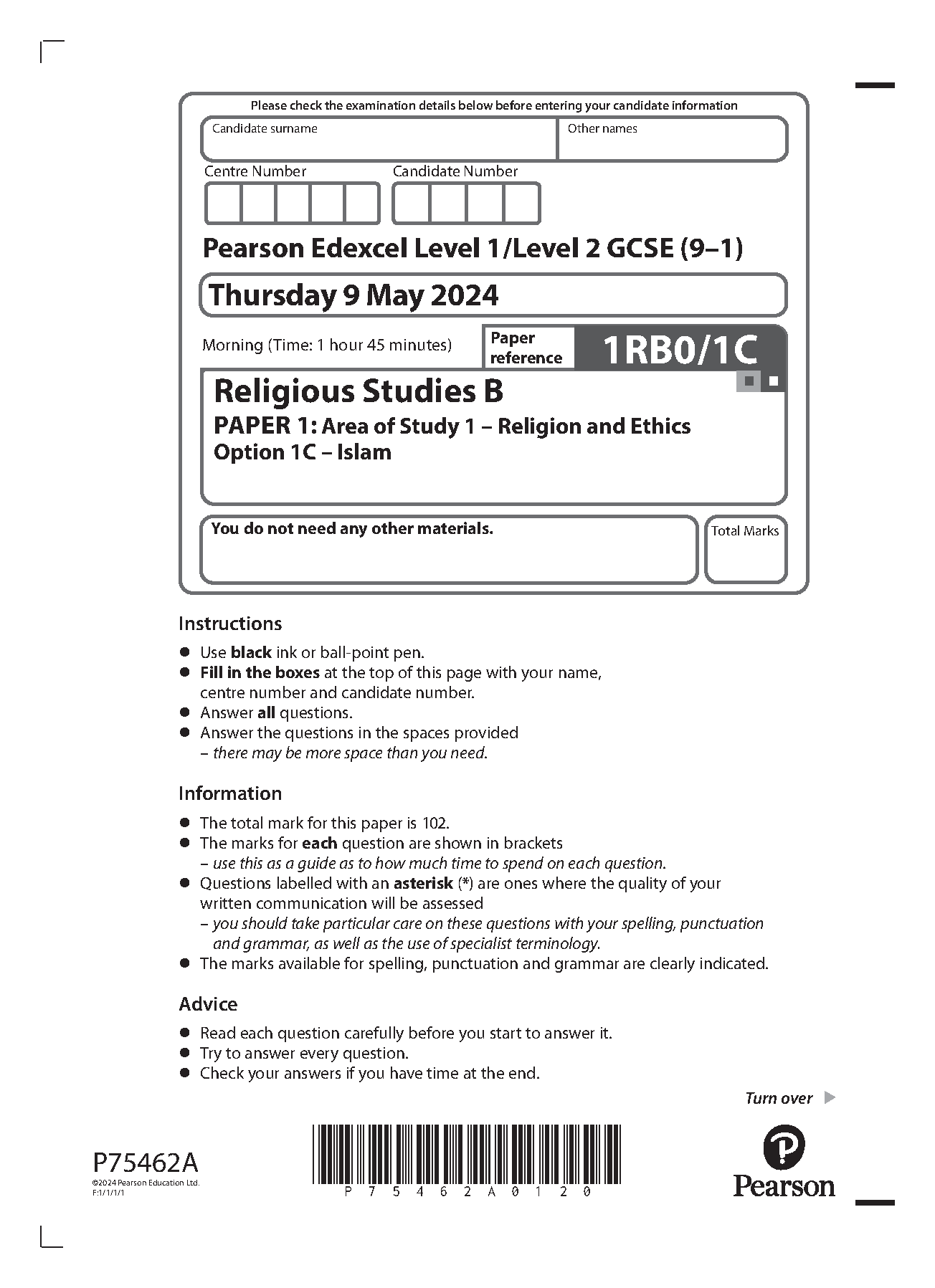 2024 PEARSON EDEXCEL GCSE RELIGIOUS STUDIES B QUESTION PAPER 1 (1RB0/1C ...