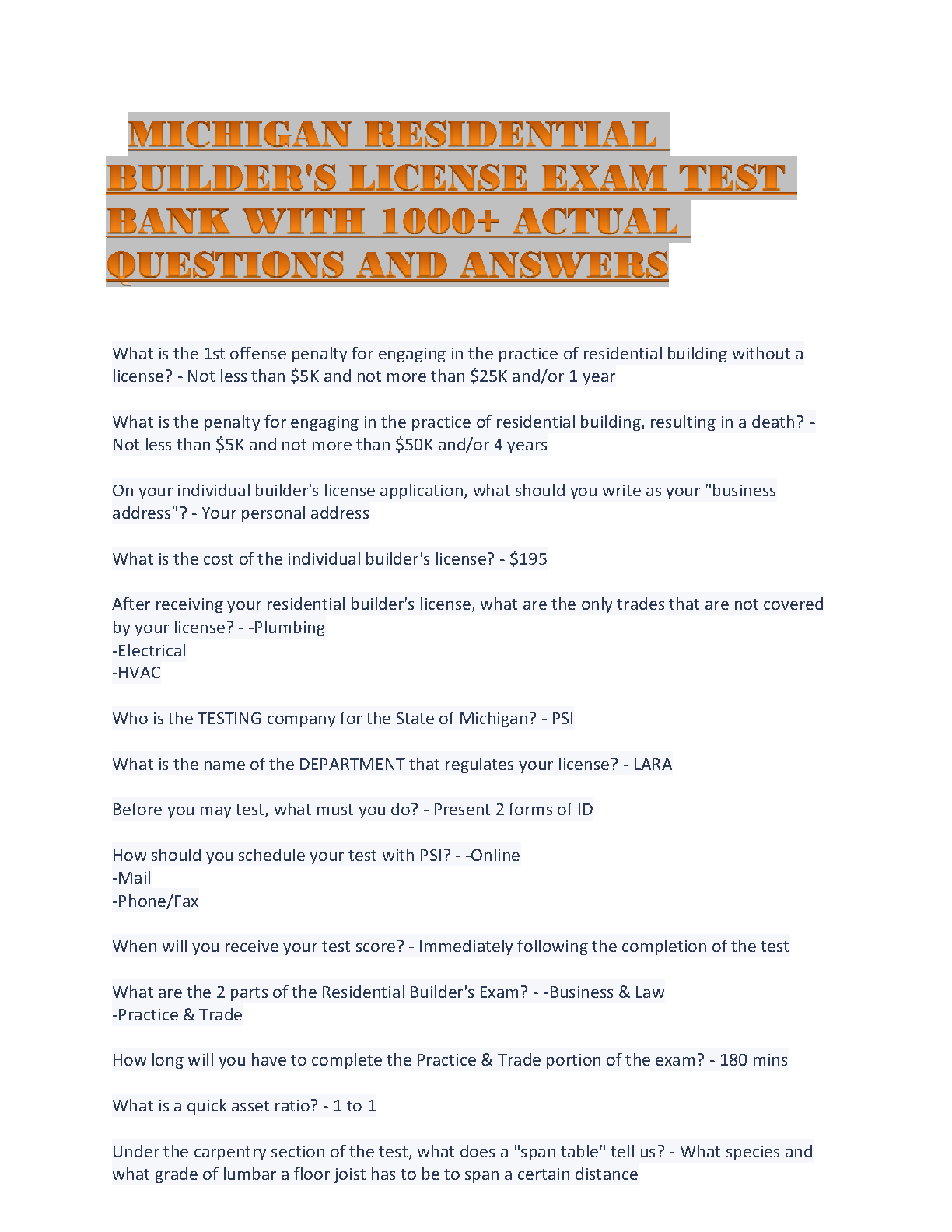 Michigan Residential Builder's License Exam Test Bank with 1000+ Actual