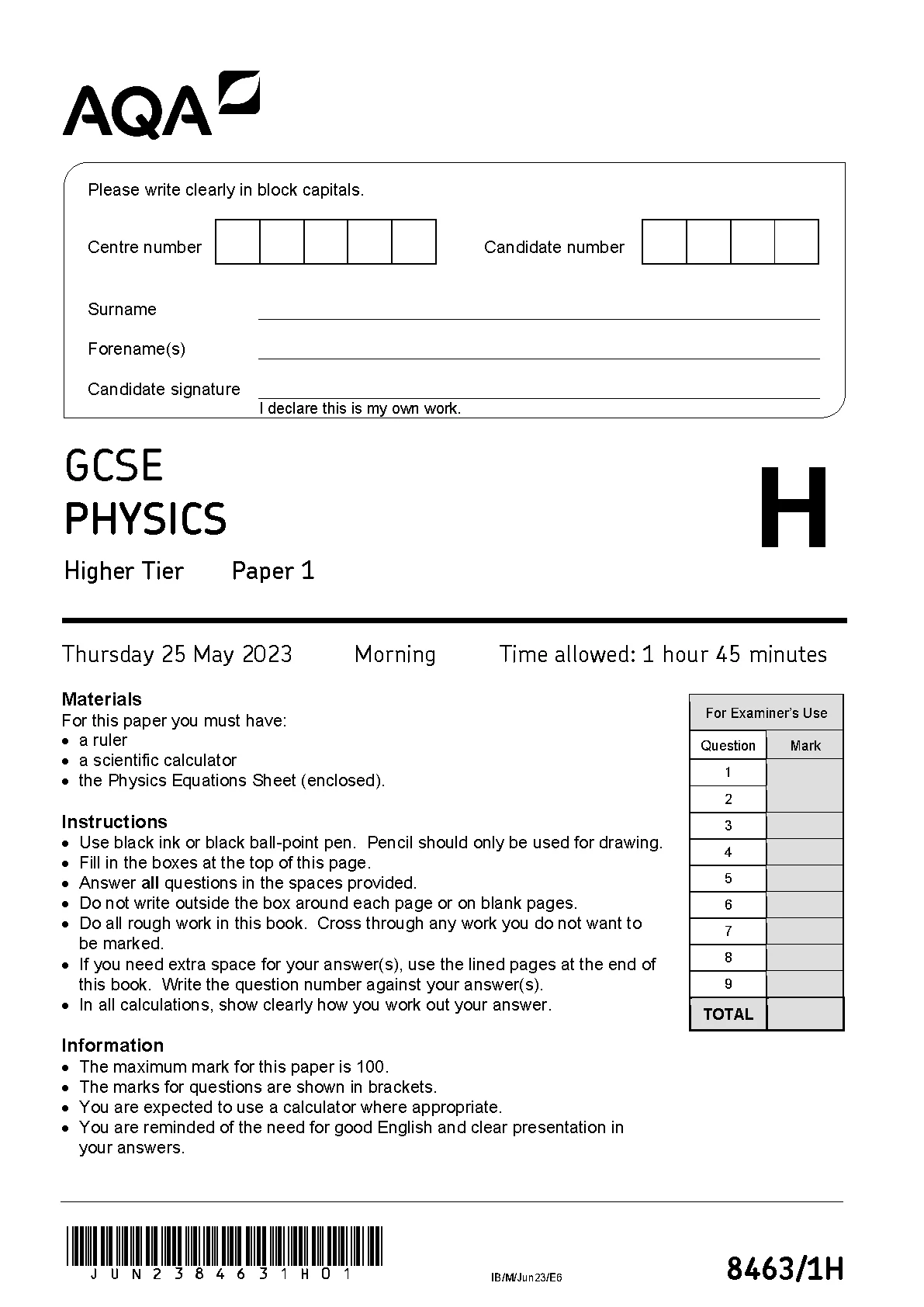Aqa Gcse Physics Paper 1 June 2023 Question Paper 84631h Higher Tier 8971