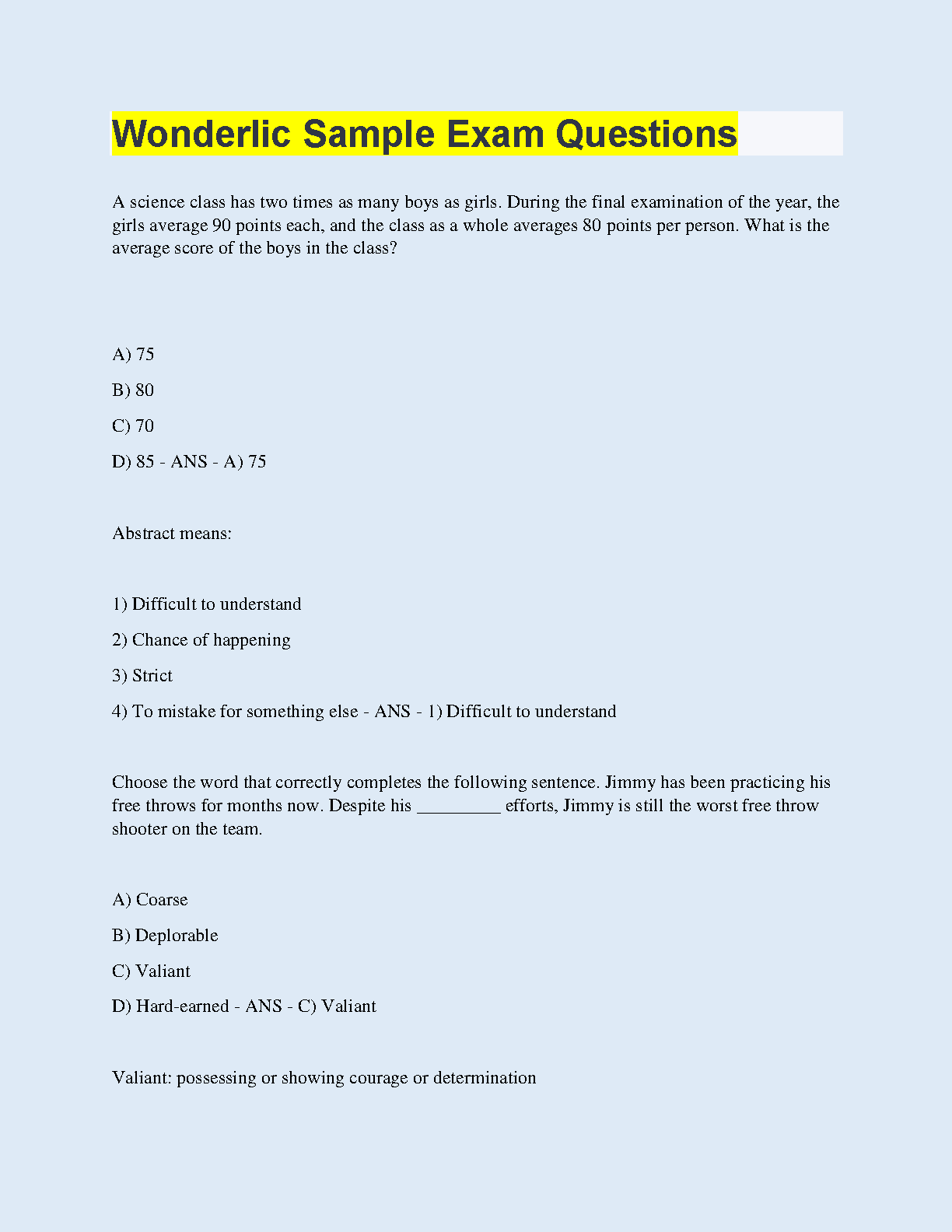 Wonderlic SLE Test study guide Questions with complete solution